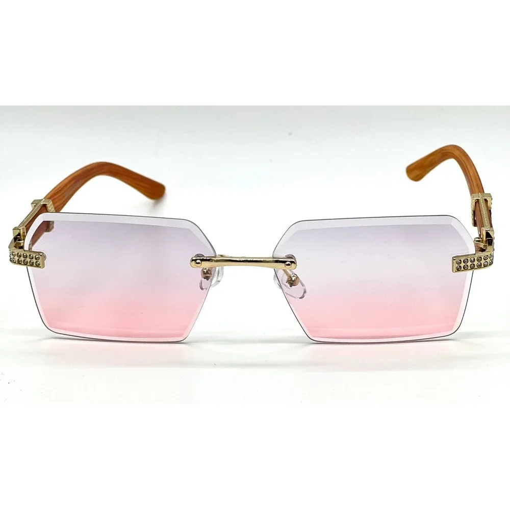 Rimless Sunglasses Women‎ Men Wood Grain Frame Rhinestone Shades Vintage Luxury